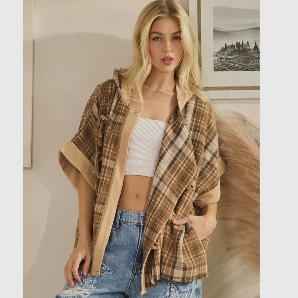 🆕 OLI&HALI WASHED DISTRESSED PONCO Plaid Hooded Jacket
NWOT